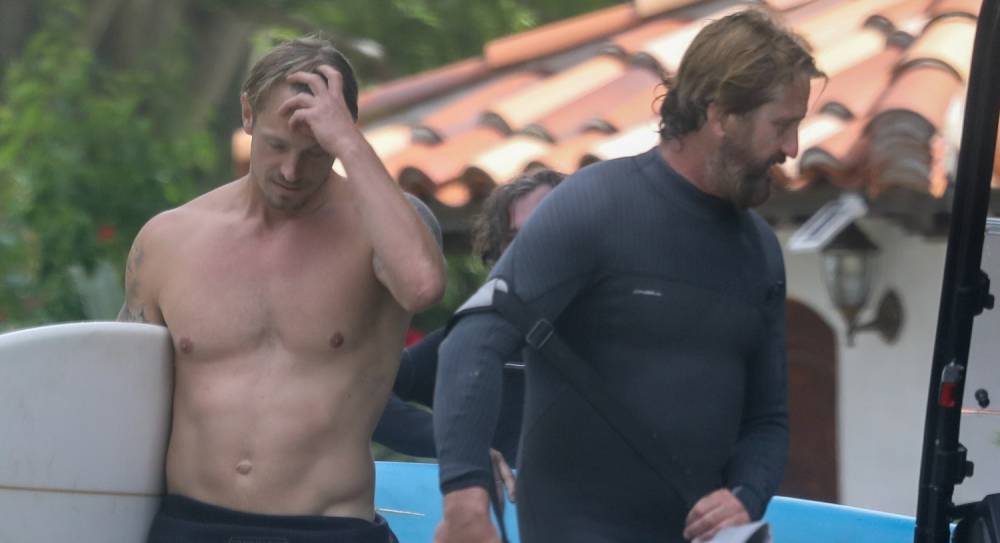 Joel Kinnaman Goes Shirtless for Afternoon of Surfing with Gerard Butler - www.justjared.com - Malibu