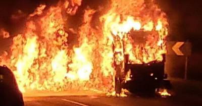 Firefighters tackle large blaze in Oldham after road sweeper catches fire - www.manchestereveningnews.co.uk - county Oldham