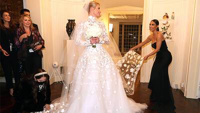 Paris Hilton’s Longtime Bestie Kim Kardashian Helps Straighten Her Long Wedding Dress Train - hollywoodlife.com