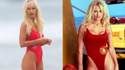 Lily James stuns in iconic red 'Baywatch' swimsuit as Pamela Anderson for TV series - www.foxnews.com - Britain - county Parker