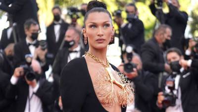 Bella Hadid Rocks Plunging Black Dress With Large Tree Like Necklace To Cover — See Pics - hollywoodlife.com - France