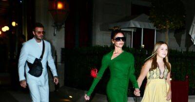 Beckhams make a statement in brights to celebrate Victoria's Paris fashion show - www.ok.co.uk
