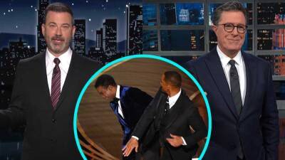 Jimmy Kimmel, Stephen Colbert and More Late-Night Hosts React to Will Smith Slapping Chris Rock at Oscars - www.etonline.com - county Rock