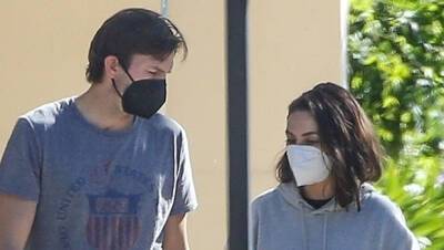 Ashton Kutcher Mila Kunis Twin In Gray After Pledging $3M In Donations To Ukraine Relief - hollywoodlife.com - Los Angeles - USA - Ukraine - Russia - Indiana - county Gray