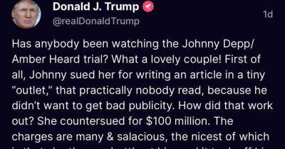 'What a lovely couple': Trump says Amber Heard has arm like baseball pitcher in first comments on Depp trial - www.msn.com - Australia - city Sandy
