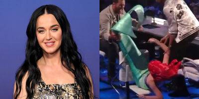 VIDEO: Katy Perry Falls Out of Chair on 'American Idol' While Dressed as Little Mermaid's Ariel - www.justjared.com - USA - county Falls