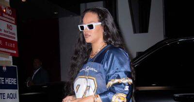 Rihanna Masters the Art of Mixing Prints in Baggy Football Jersey, Checkered Pants and a Snakeskin Bag - www.usmagazine.com - New York - Los Angeles - New York - Barbados - Jersey