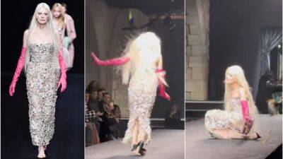 Watch Supermodel Kristen McMenamy Fall on the Valentino Runway and Throw Her Heels - www.glamour.com
