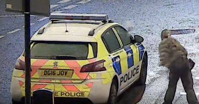 CCTV of woman lobbing bottle at police car before ripping number plate off - www.dailyrecord.co.uk - Beyond