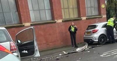 Police block off road after Mercedes crash as car bumper ripped off - www.manchestereveningnews.co.uk - Manchester - county Lane - county Stanley