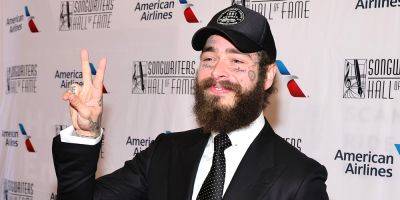 Post Malone Suits Up, Arrives With a Drink in Hand for Songwriters Hall of Fame Induction & Awards Gala - www.justjared.com - New York - county Hall - county Hand