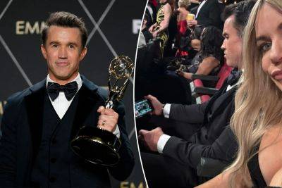 Rob McElhenney watching Eagles’ playoff game on phone from Emmy Awards - nypost.com - Los Angeles - county Bay - county Reynolds - city Lions - Philadelphia, county Eagle - county Eagle - county Baker - city Mayfield, county Baker